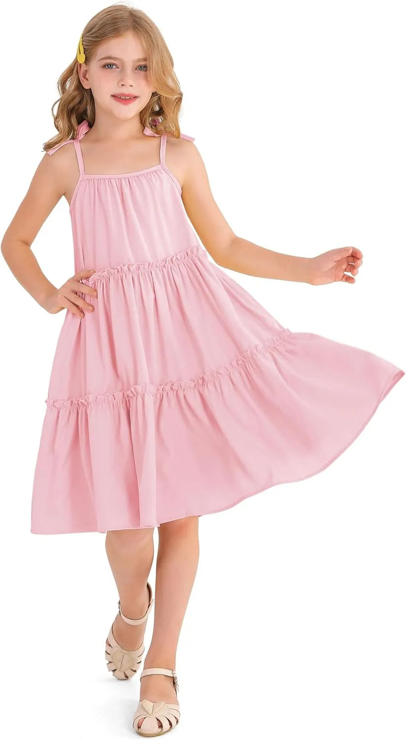 Girl's Summer Cute Tiered Swing Dress Midi Casual Smocked Sundresses 6-14 Years