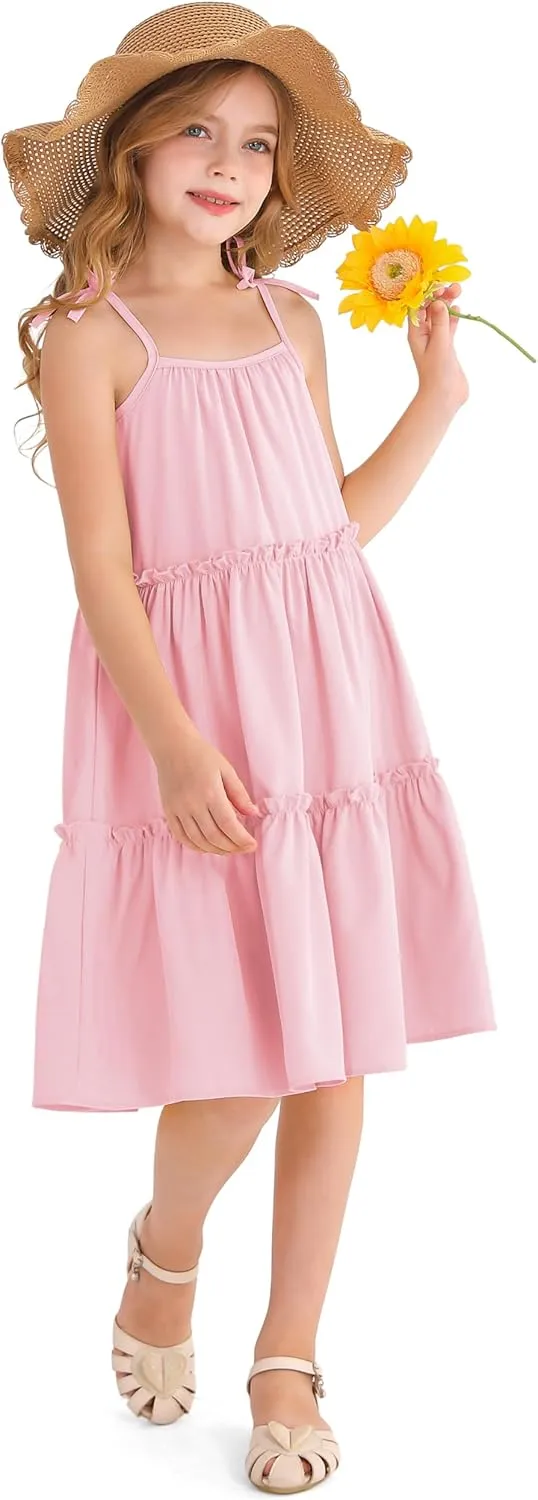 Girl's Summer Cute Tiered Swing Dress Midi Casual Smocked Sundresses 6-14 Years