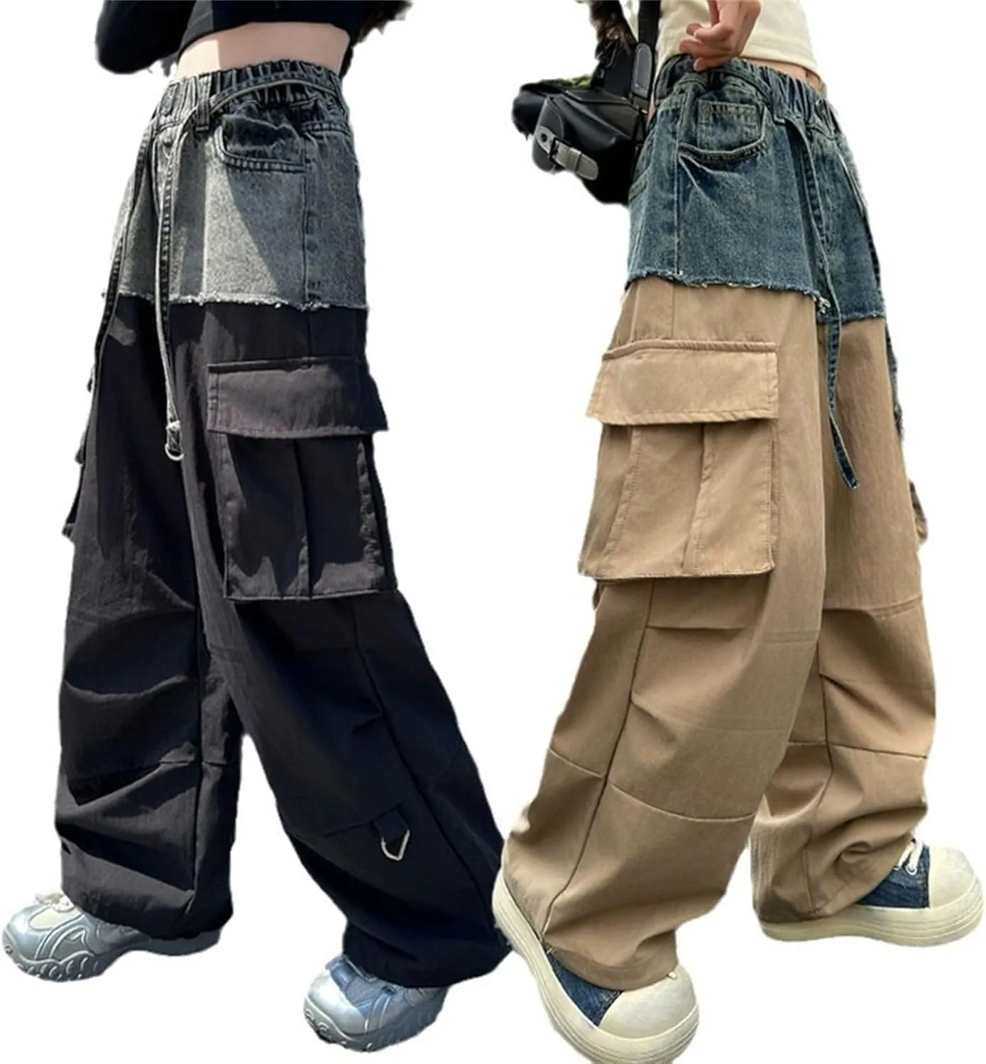 Girls Y2K Denim Patchwork Cargo Pants Elastic Waist 𝐃rawstring Jogger Sweatpants with Pockets Parachute Pants
