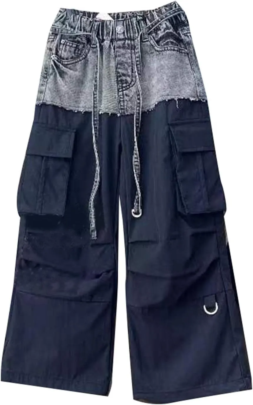Girls Y2K Denim Patchwork Cargo Pants Elastic Waist 𝐃rawstring Jogger Sweatpants with Pockets Parachute Pants