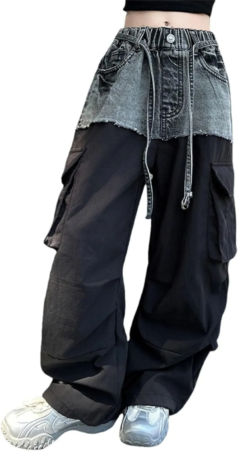 Girls Y2K Denim Patchwork Cargo Pants Elastic Waist 𝐃rawstring Jogger Sweatpants with Pockets Parachute Pants