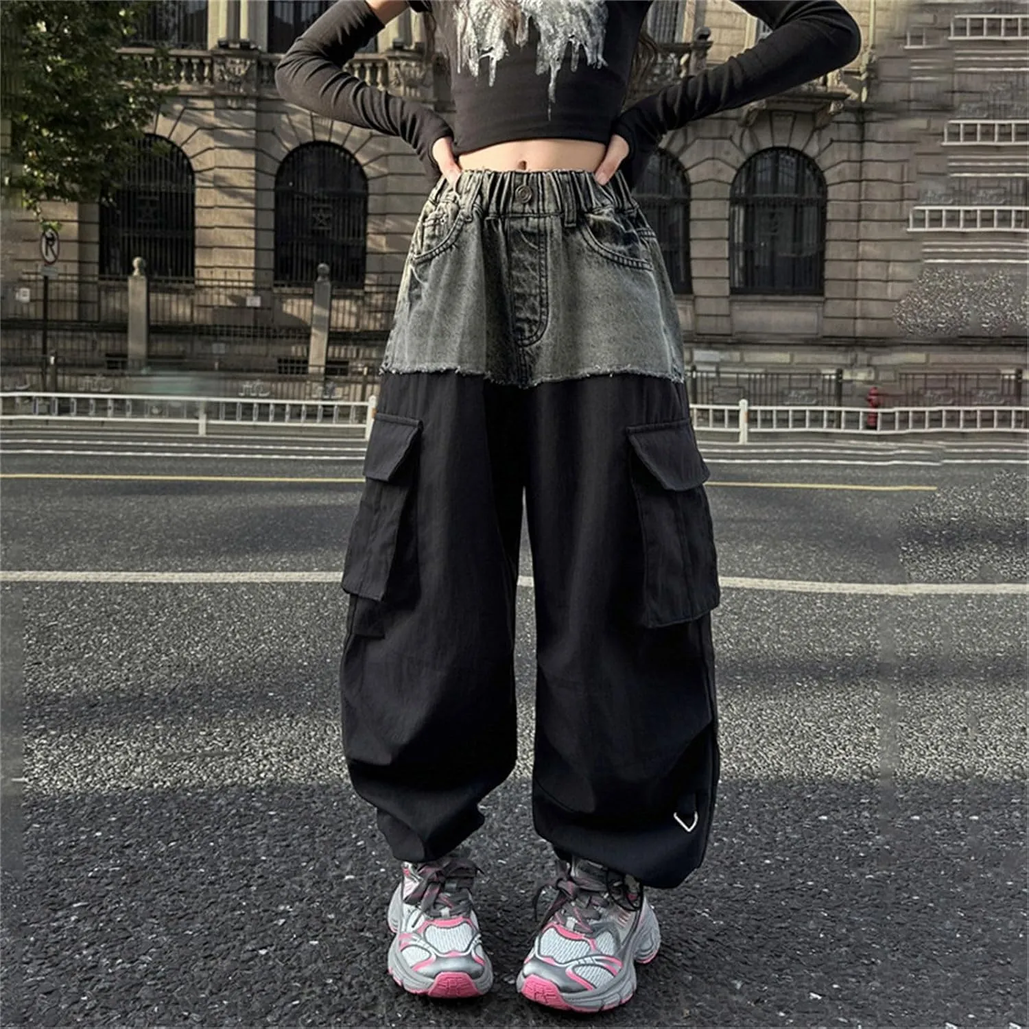 Girls Y2K Denim Patchwork Cargo Pants Elastic Waist 𝐃rawstring Jogger Sweatpants with Pockets Parachute Pants