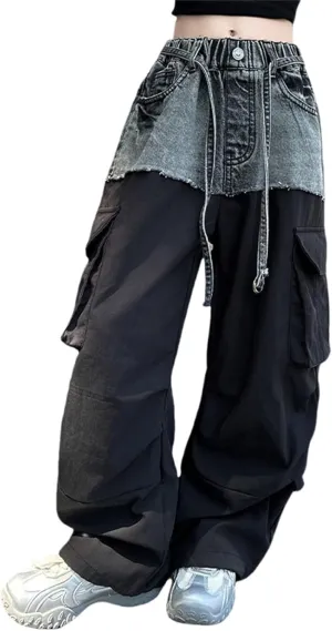 Girls Y2K Denim Patchwork Cargo Pants Elastic Waist 𝐃rawstring Jogger Sweatpants with Pockets Parachute Pants