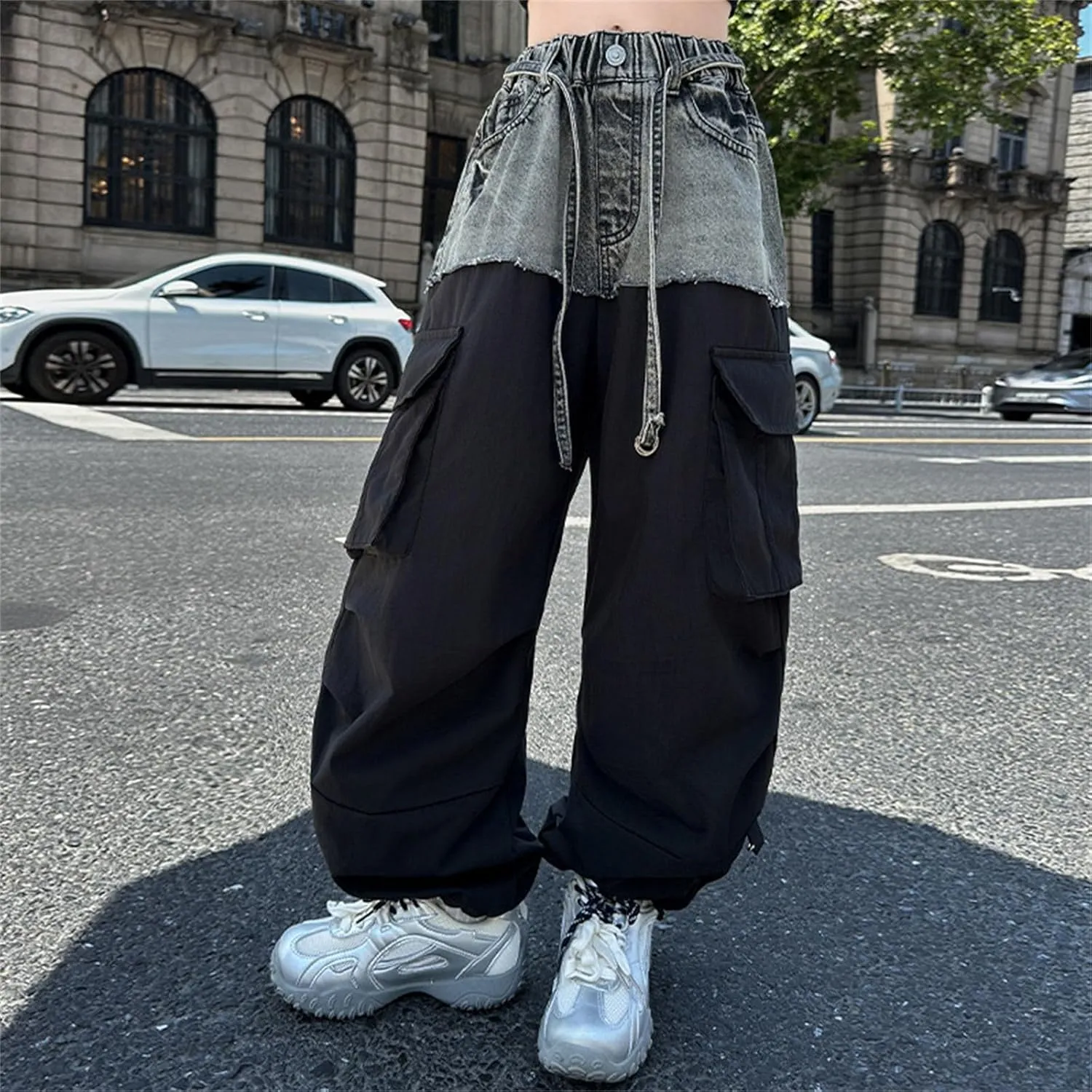 Girls Y2K Denim Patchwork Cargo Pants Elastic Waist 𝐃rawstring Jogger Sweatpants with Pockets Parachute Pants