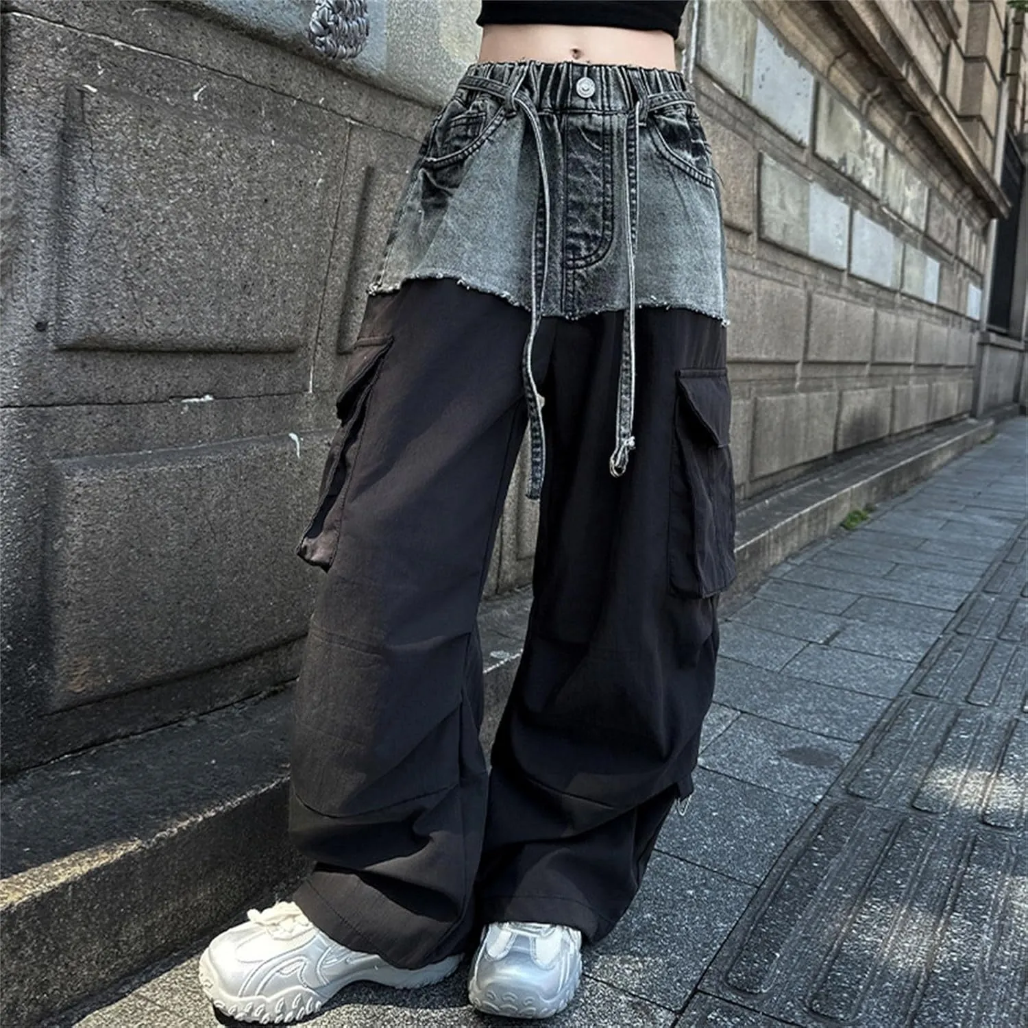 Girls Y2K Denim Patchwork Cargo Pants Elastic Waist 𝐃rawstring Jogger Sweatpants with Pockets Parachute Pants