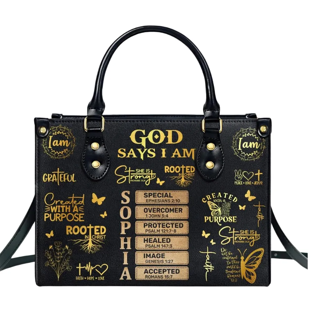 God Says I Am, God Says I Am Rooted In Christ Leather Handbag, Personalized God Says I Am Bible Verse Affirmation Leather Handbag, God Says I Am Christian Handbag for Women, Christian Catholic Gifts