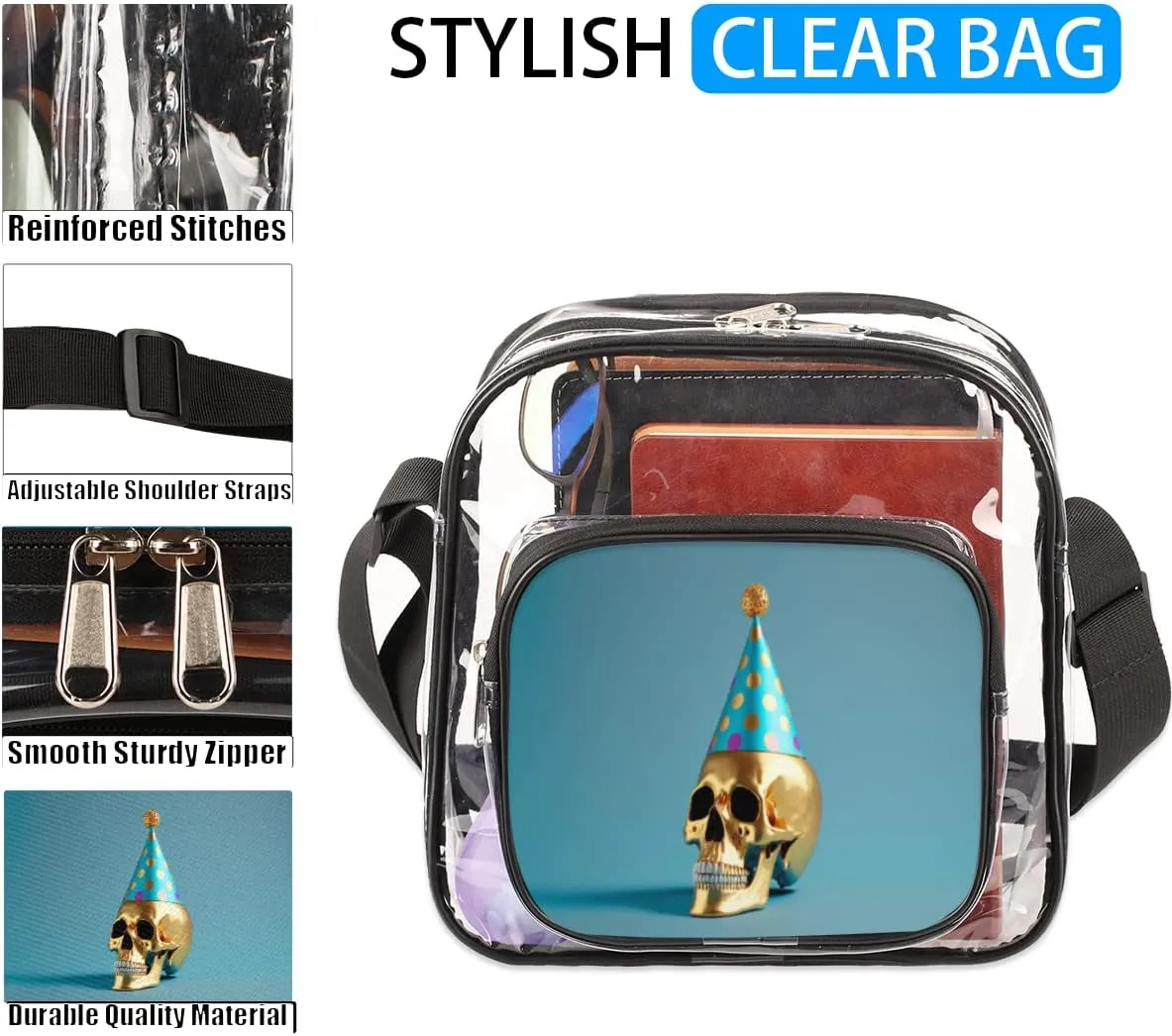 Gold Skull Party Clear Crossbody Bag Clear Messenger Bag Shoulder Bags Clear Purse Stadium Approved