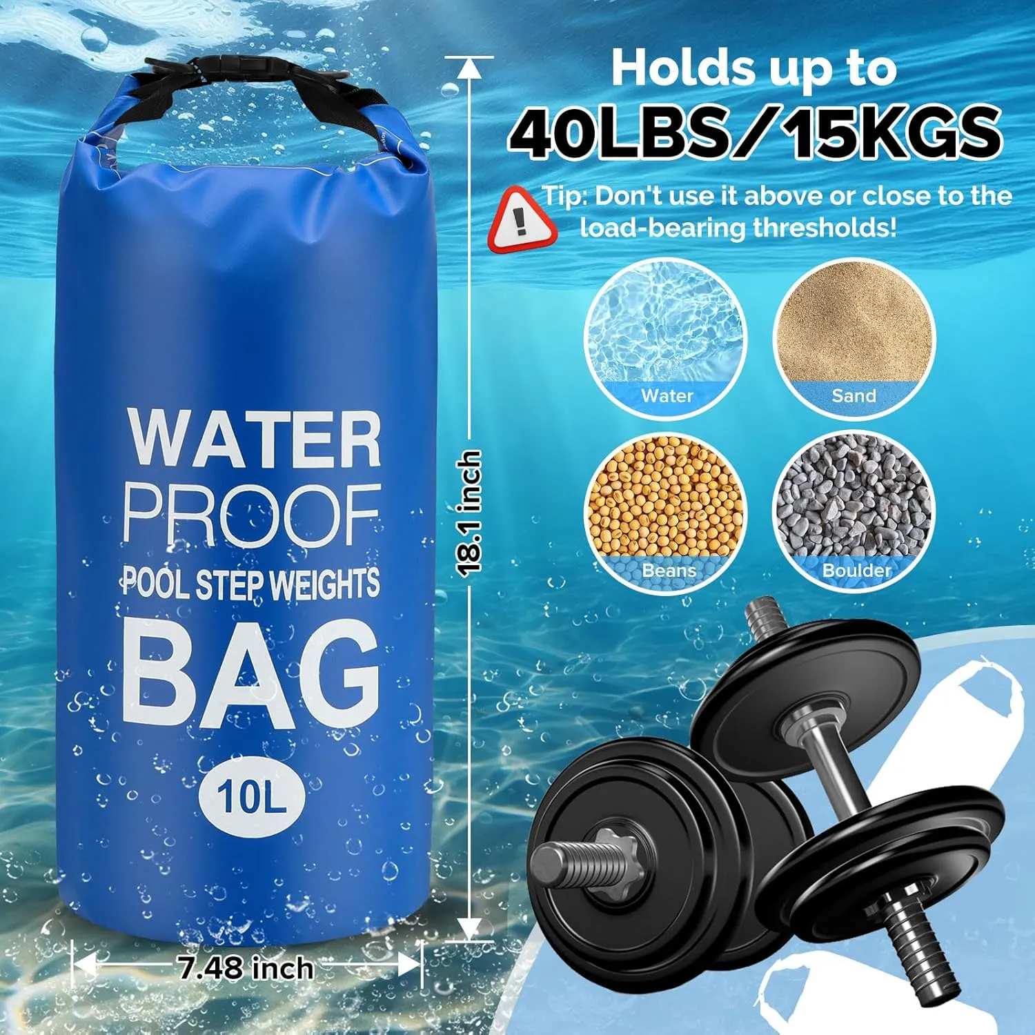 Goovilla Pool Ladder Weights Universal | 2 Pack 10L 500D PVC Waterproof Tear-Resistance Sand Bags for Above Ground Pools Steps | Easy to Fill and Seal with Strong Handle and 2 Straps (Dark Blue)