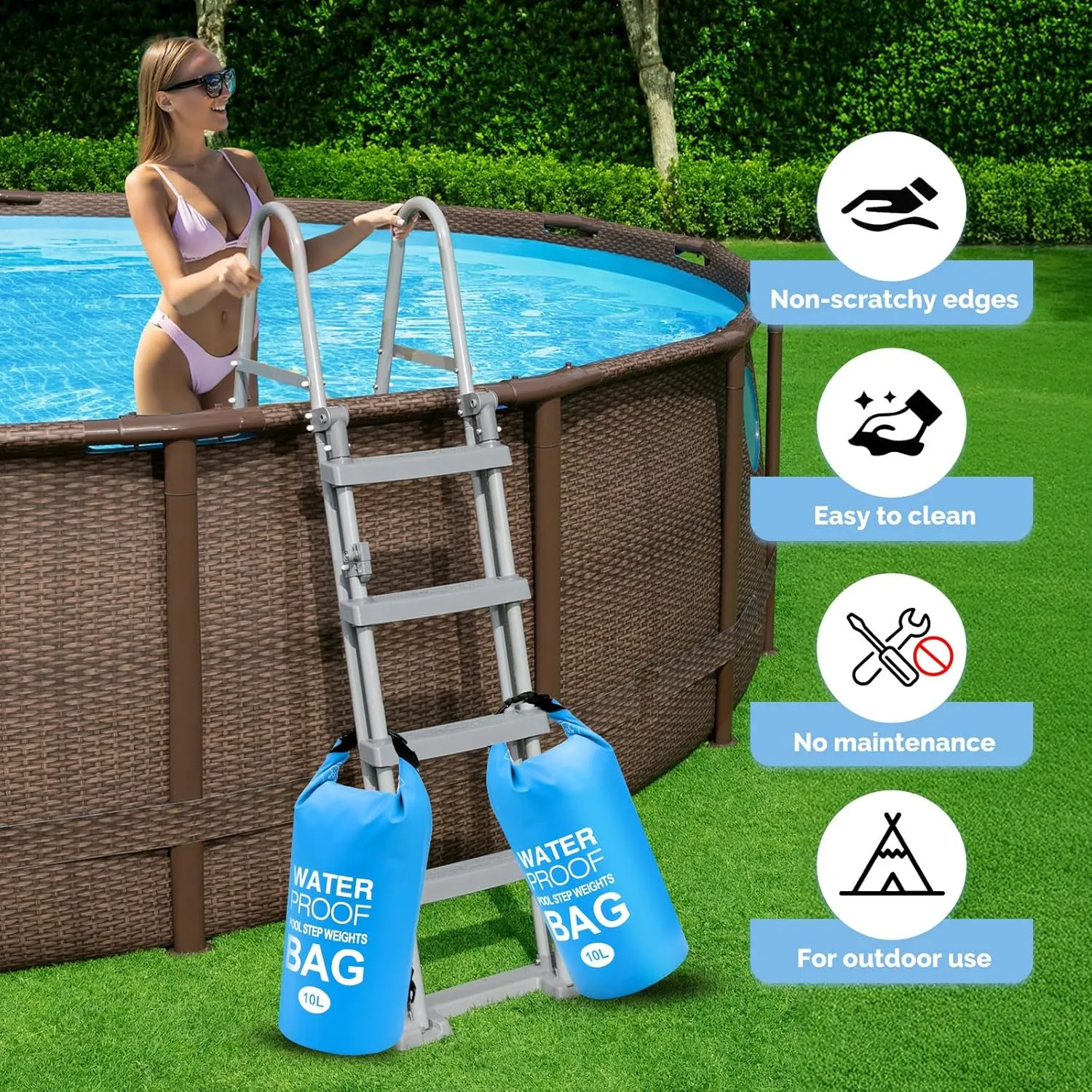 Goovilla Pool Ladder Weights Universal | 2 Pack 10L 500D PVC Waterproof Tear-Resistance Sand Bags for Above Ground Pools Steps | Easy to Fill and Seal with Strong Handle and 2 Straps (Sky Blue)