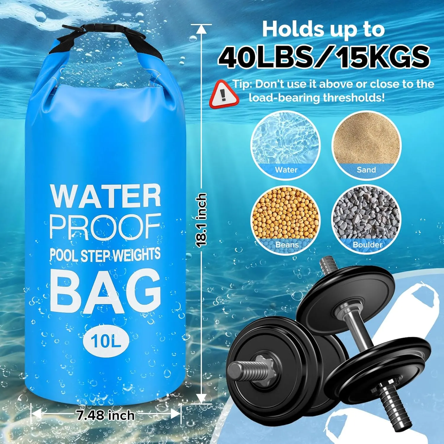 Goovilla Pool Ladder Weights Universal | 2 Pack 10L 500D PVC Waterproof Tear-Resistance Sand Bags for Above Ground Pools Steps | Easy to Fill and Seal with Strong Handle and 2 Straps (Sky Blue)