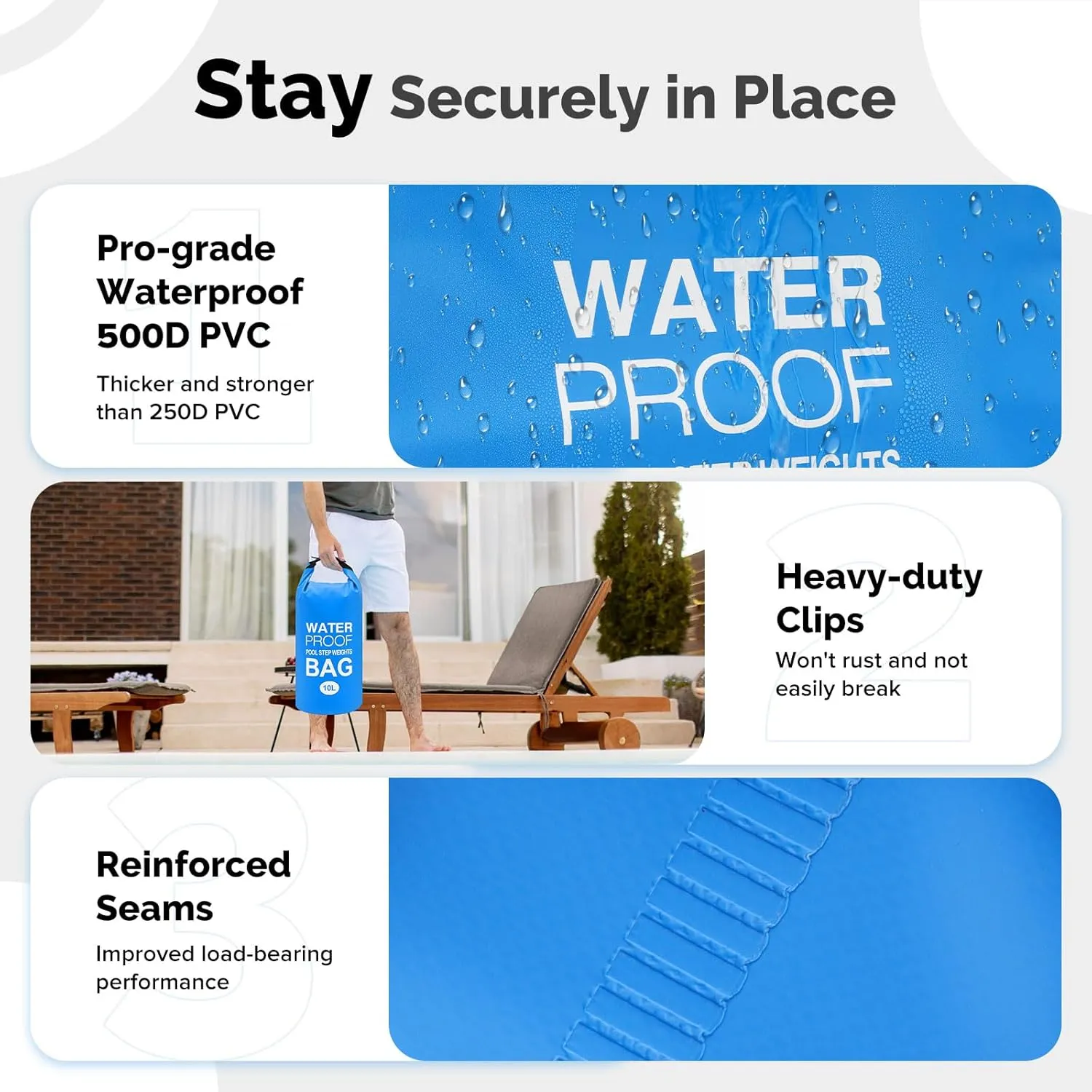 Goovilla Pool Ladder Weights Universal | 2 Pack 10L 500D PVC Waterproof Tear-Resistance Sand Bags for Above Ground Pools Steps | Easy to Fill and Seal with Strong Handle and 2 Straps (Sky Blue)