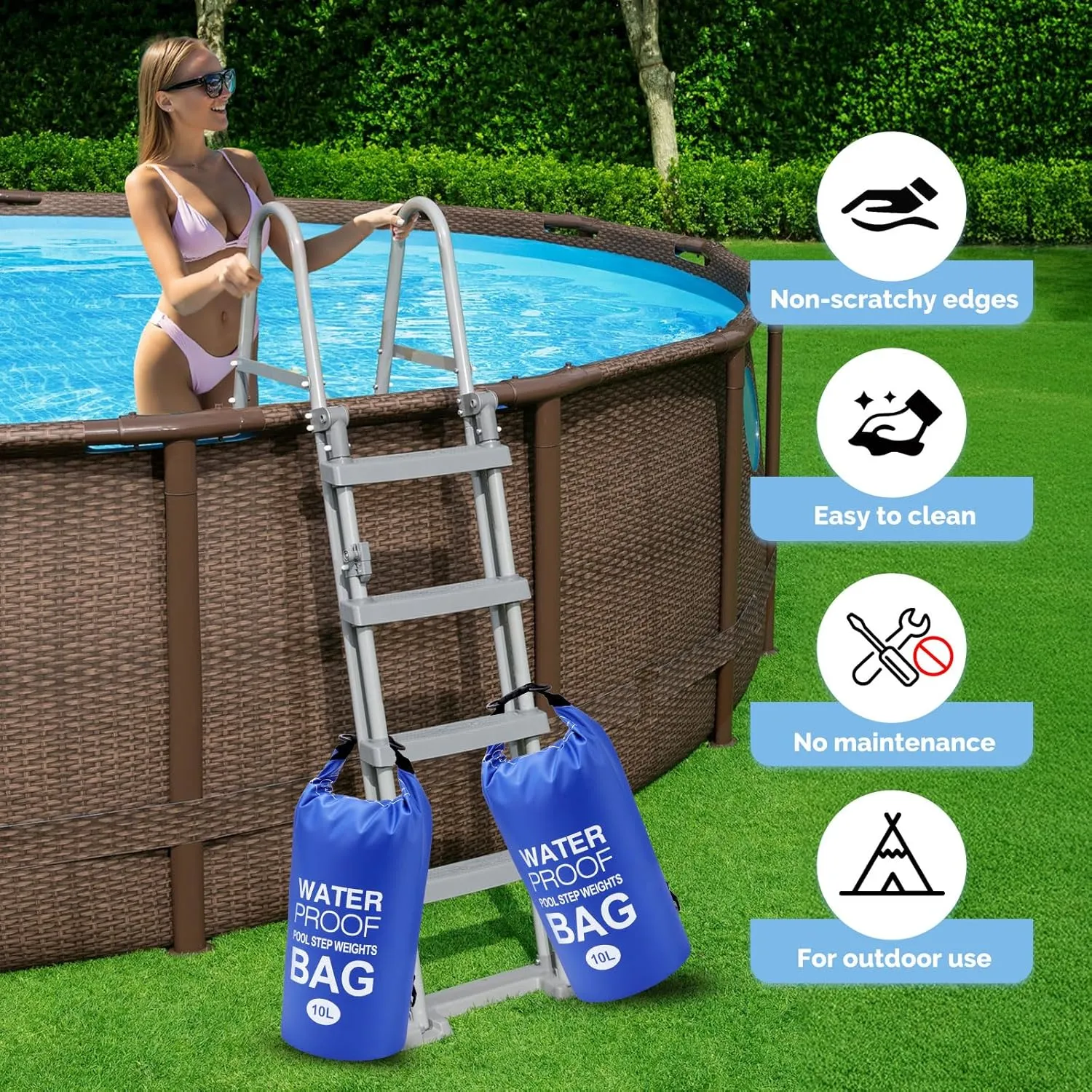 Goovilla Pool Ladder Weights Universal | 2 Pack 20L 500D PVC Waterproof Tear-Resistance Sand Bags for Above Ground Pools Steps | Easy to Fill and Seal with Strong Handle and 4 Straps (Dark Blue)