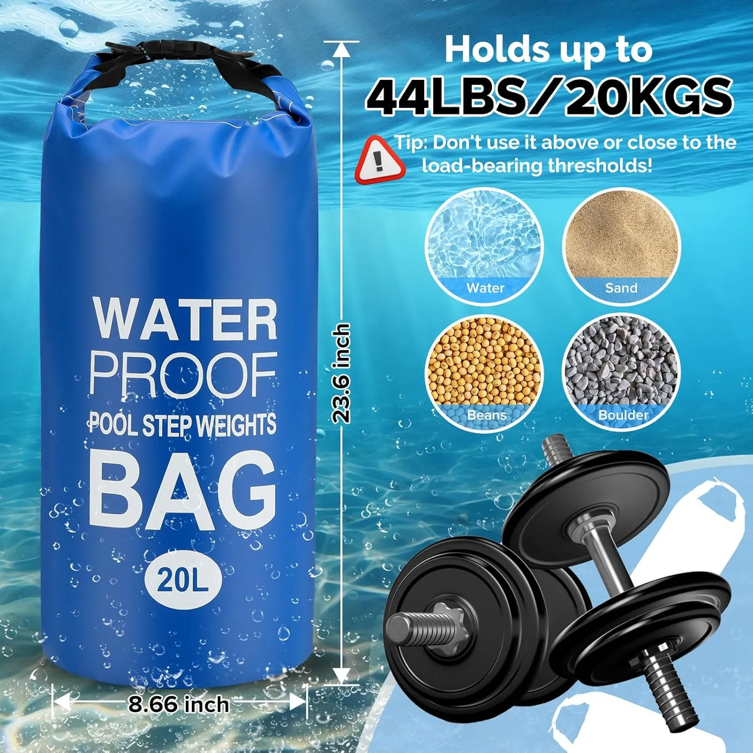 Goovilla Pool Ladder Weights Universal | 2 Pack 20L 500D PVC Waterproof Tear-Resistance Sand Bags for Above Ground Pools Steps | Easy to Fill and Seal with Strong Handle and 4 Straps (Dark Blue)