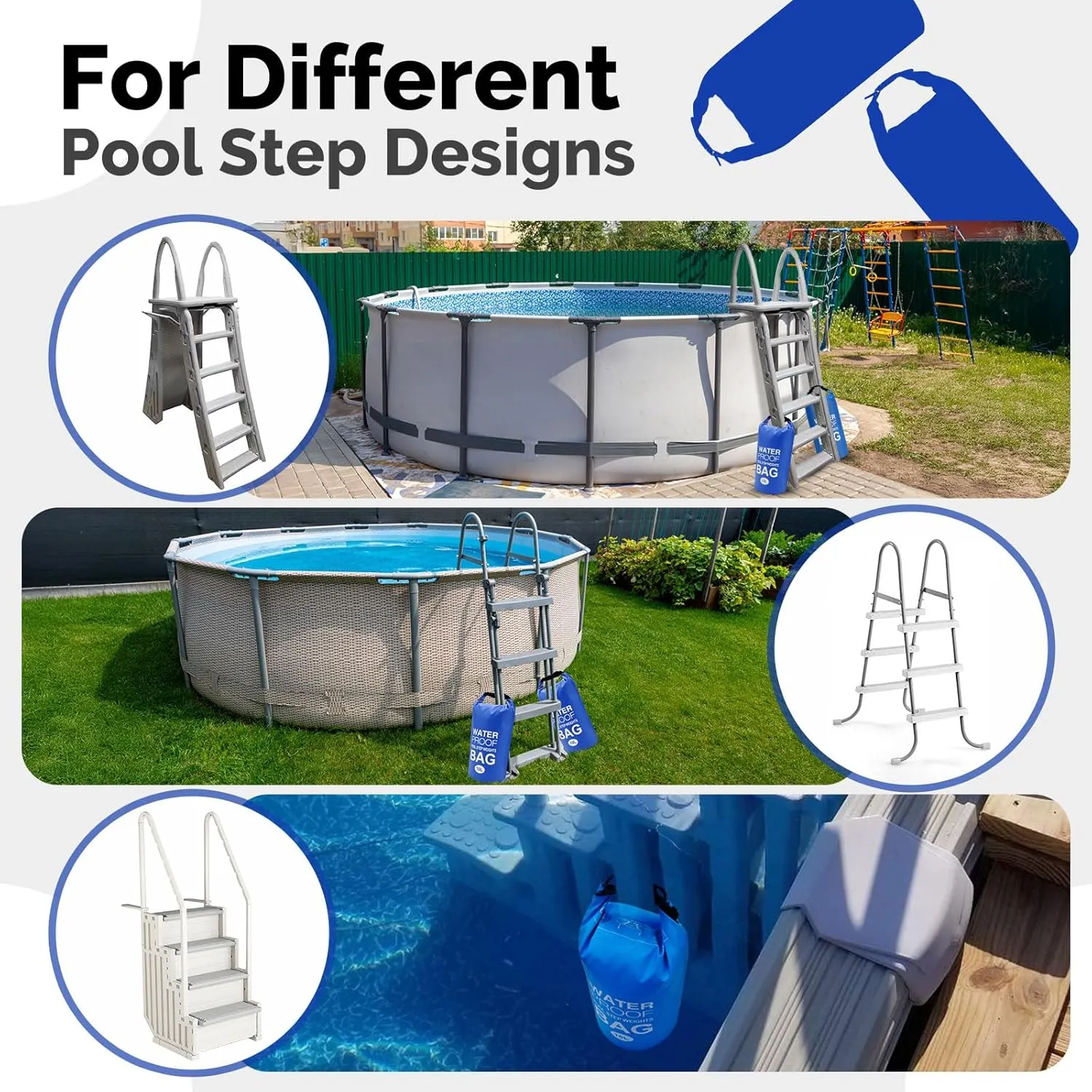 Goovilla Pool Ladder Weights Universal | 2 Pack 20L 500D PVC Waterproof Tear-Resistance Sand Bags for Above Ground Pools Steps | Easy to Fill and Seal with Strong Handle and 4 Straps (Dark Blue)