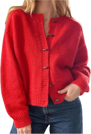 GORGLITTER Women's Winter Sweater Cropped Button Up Cardigan Sweaters Long Sleeve Knit Tops