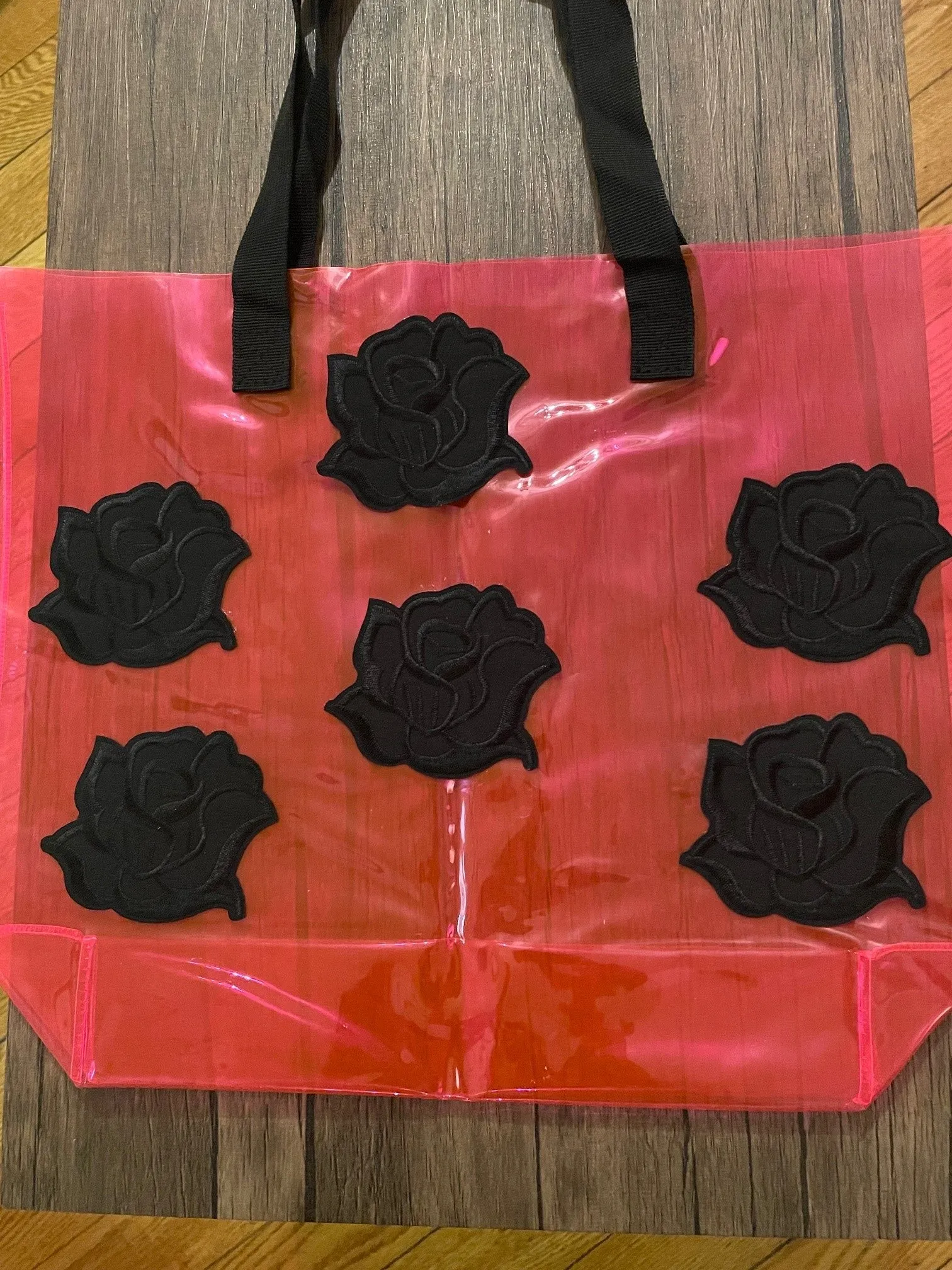 Gothic Black Roses Holographic PVC Fuchsia Tote Bag