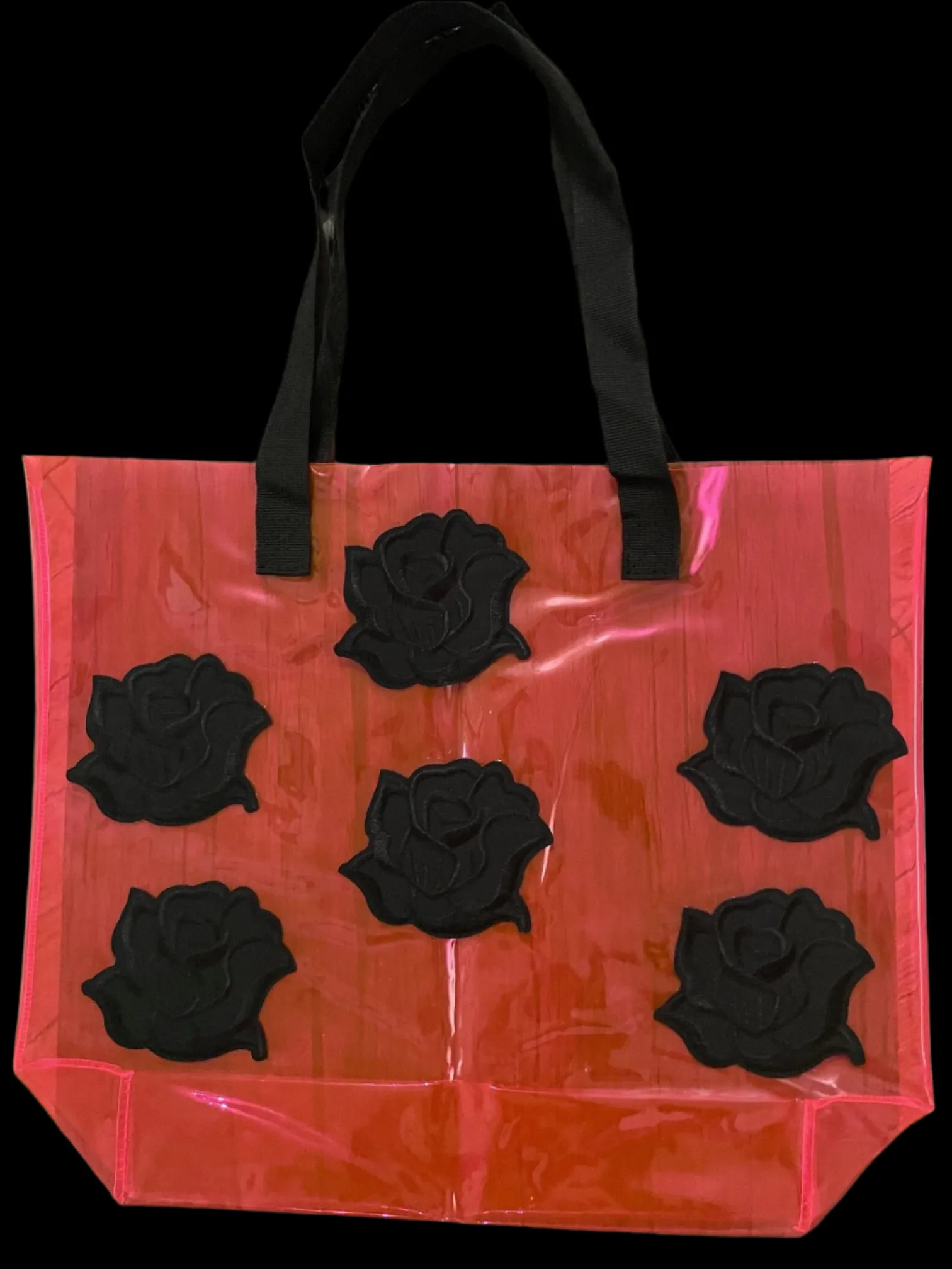 Gothic Black Roses Holographic PVC Fuchsia Tote Bag