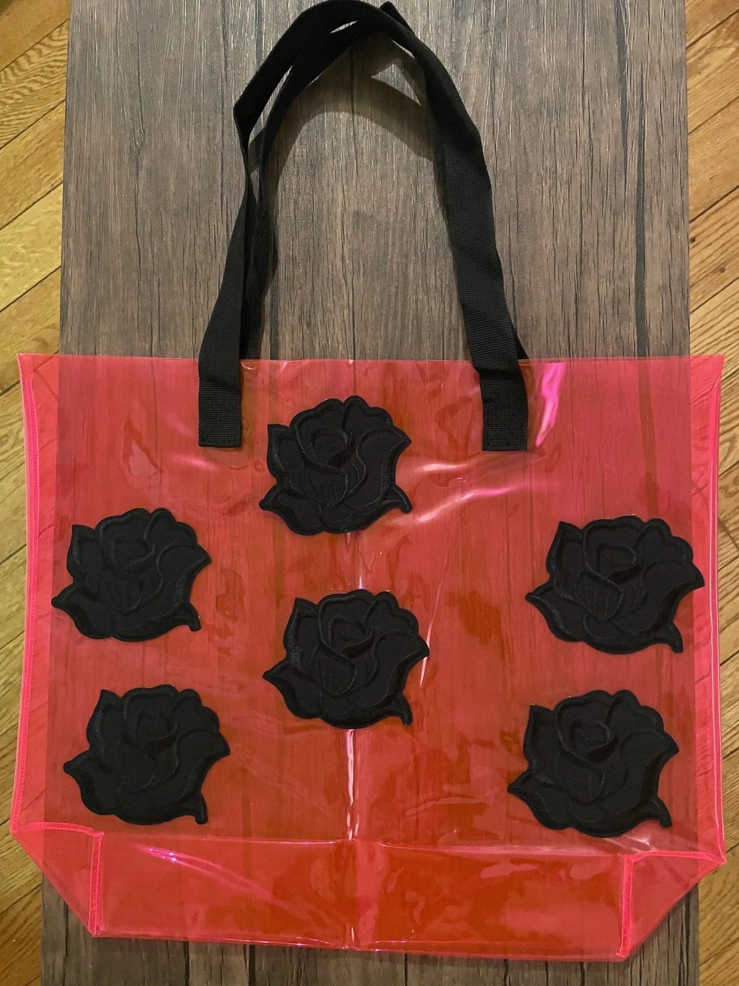 Gothic Black Roses Holographic PVC Fuchsia Tote Bag