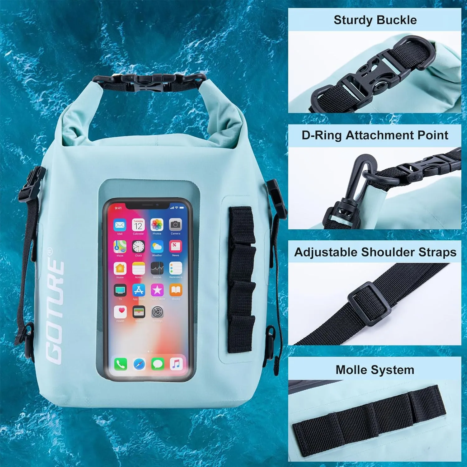 Goture Dry Bag, 5L Waterproof Bag with Shoulder Straps, 500D PVC Small Dry Sack Touchscreen Waterproof Backpack Phone Pouch, Roll Top Crossbody for Kayaking, Boating, Fishing, Camping, Beach, Travel