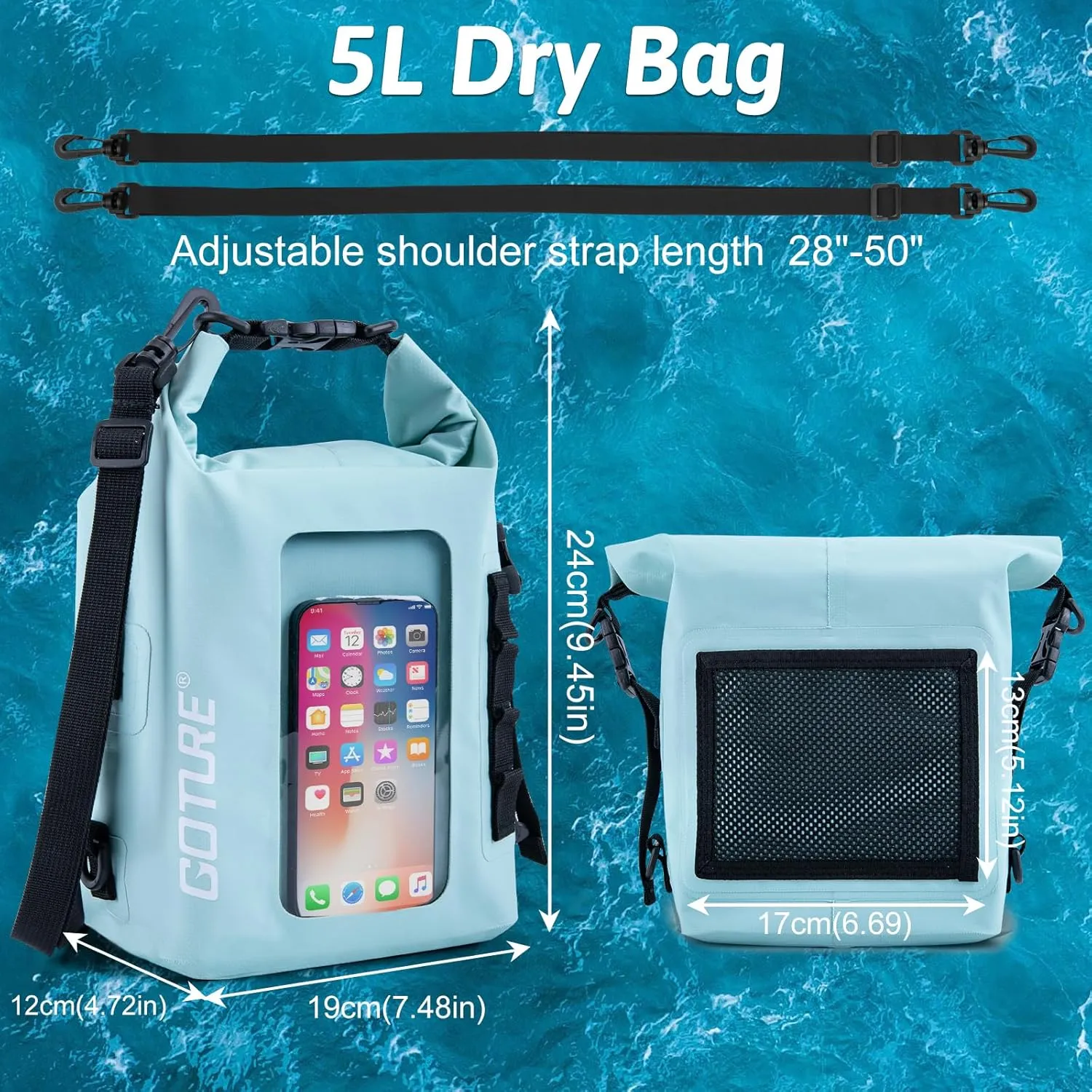 Goture Dry Bag, 5L Waterproof Bag with Shoulder Straps, 500D PVC Small Dry Sack Touchscreen Waterproof Backpack Phone Pouch, Roll Top Crossbody for Kayaking, Boating, Fishing, Camping, Beach, Travel