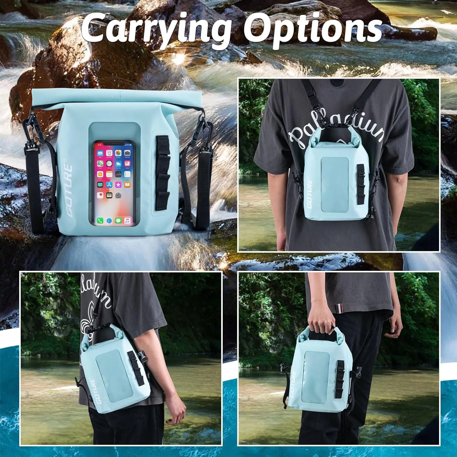 Goture Dry Bag, 5L Waterproof Bag with Shoulder Straps, 500D PVC Small Dry Sack Touchscreen Waterproof Backpack Phone Pouch, Roll Top Crossbody for Kayaking, Boating, Fishing, Camping, Beach, Travel