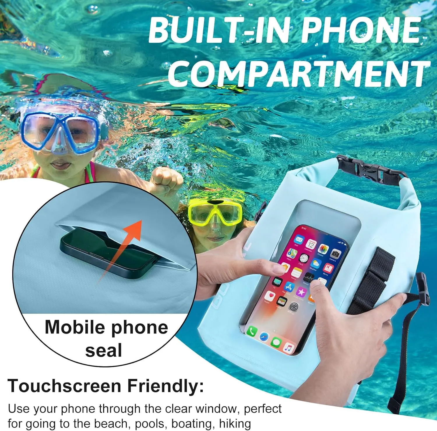 Goture Dry Bag, 5L Waterproof Bag with Shoulder Straps, 500D PVC Small Dry Sack Touchscreen Waterproof Backpack Phone Pouch, Roll Top Crossbody for Kayaking, Boating, Fishing, Camping, Beach, Travel