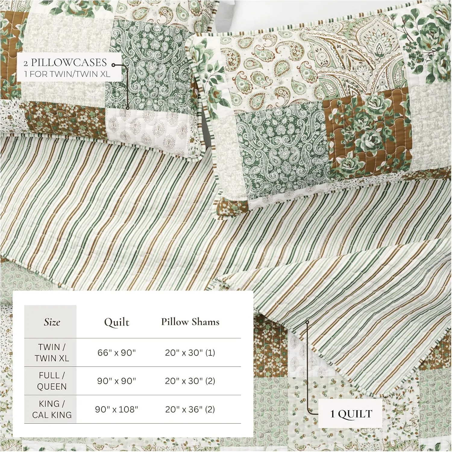 Great Bay Home 3-Piece King/California King Microfiber Quilt Set with Shams - Patchwork Floral Reversible Design - Lightweight, All-Season, Layerable Bedding Set (Floral Grid - Brown)