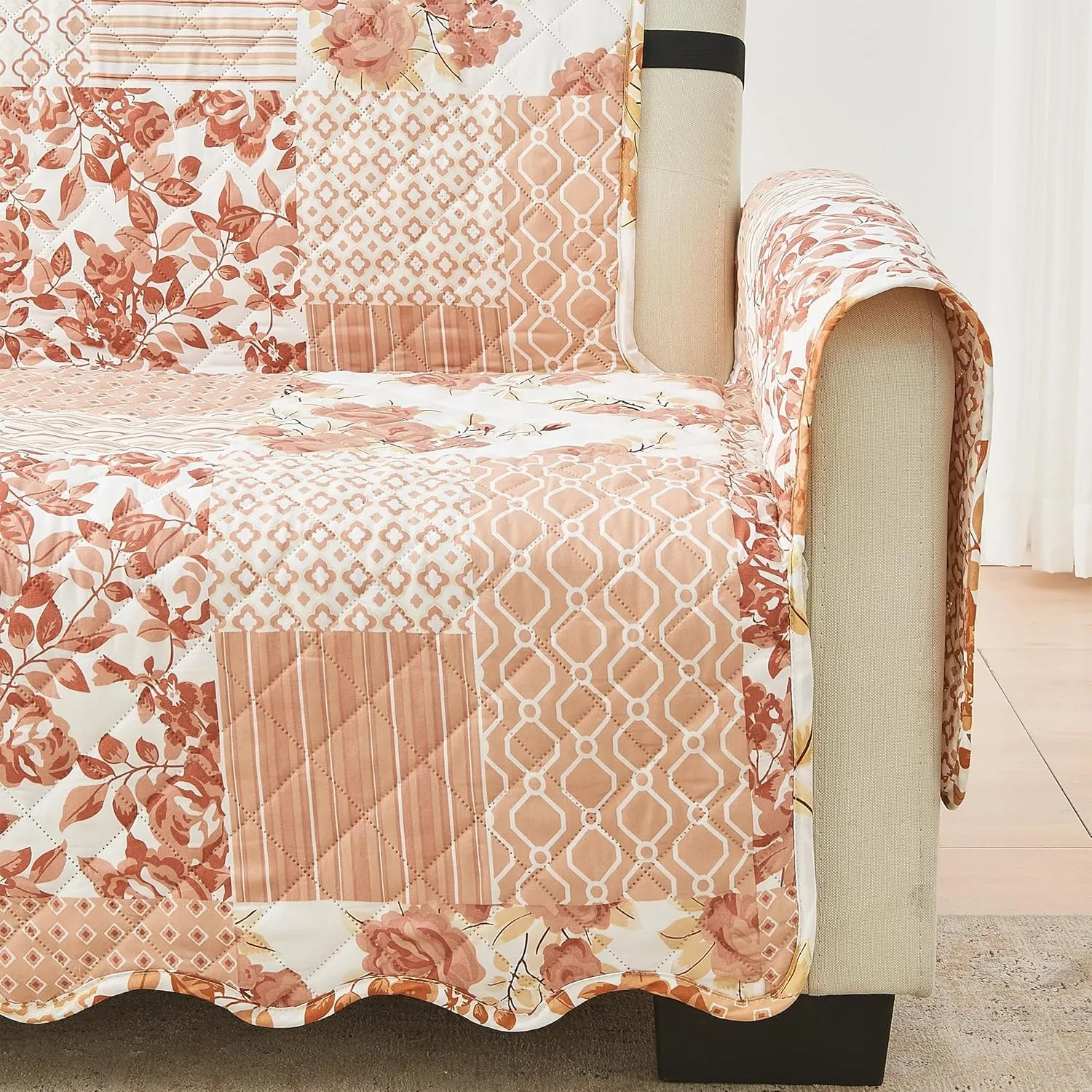 Great Bay Home Reversible Patchwork Chair Cover - Washable Slipcover Furniture Protector with Elastic Straps - Chair Cover for Dogs, Kids, and Pets - Box-Stitched Detail (Chair, Dusty Rose)