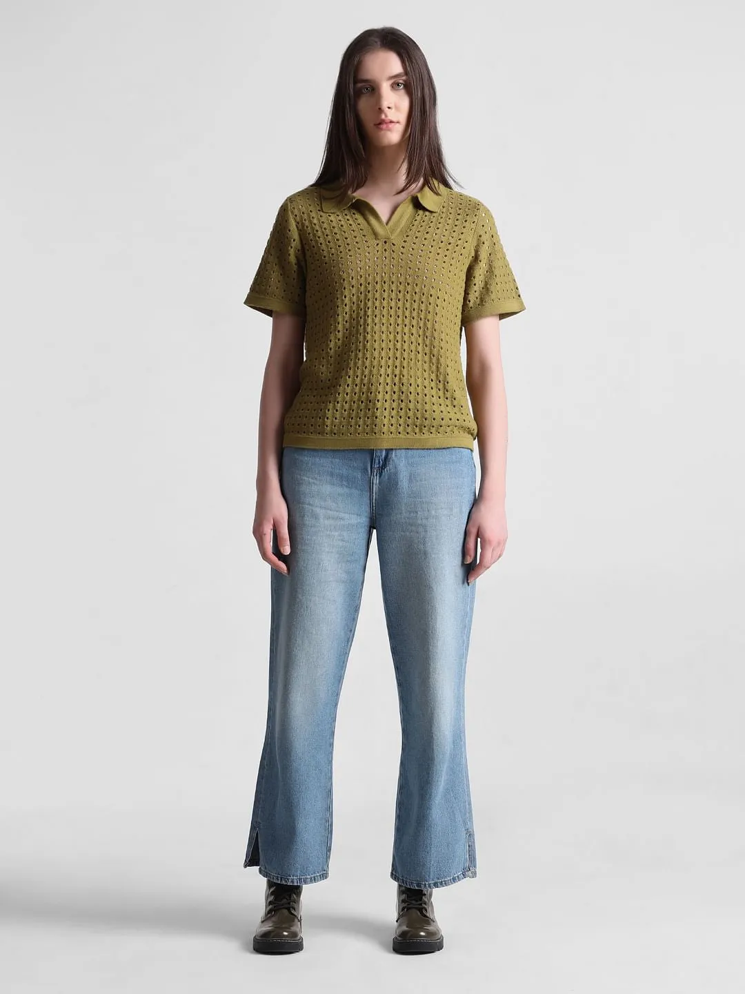 Green Pointelle Knit Pullover