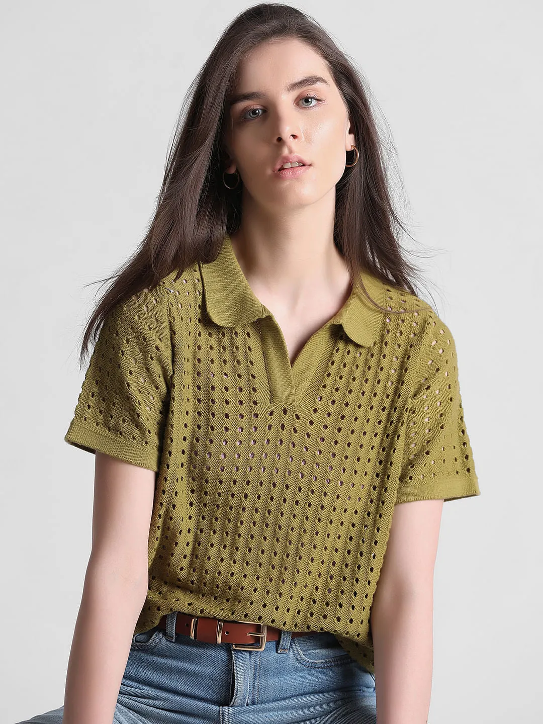 Green Pointelle Knit Pullover