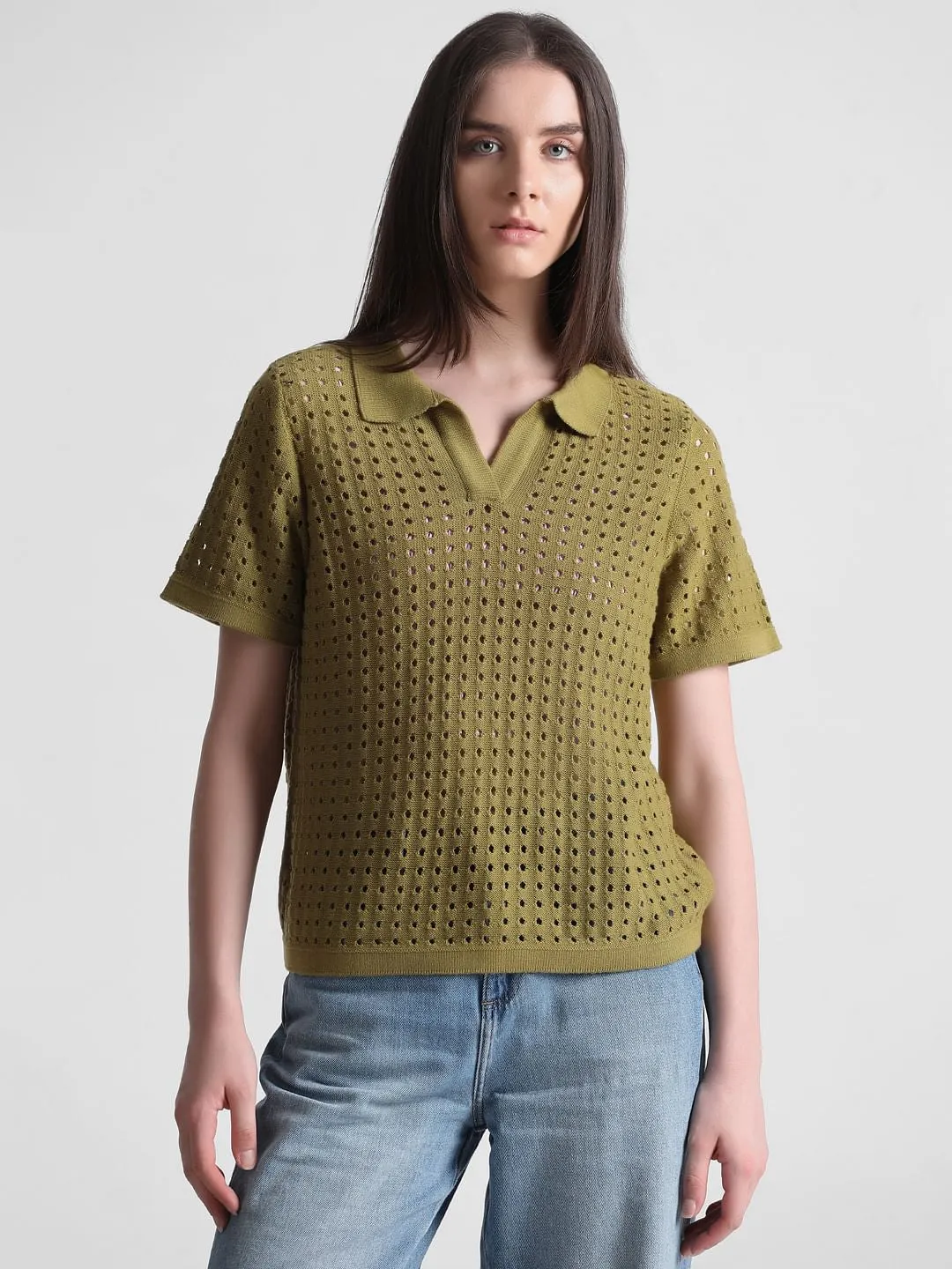 Green Pointelle Knit Pullover