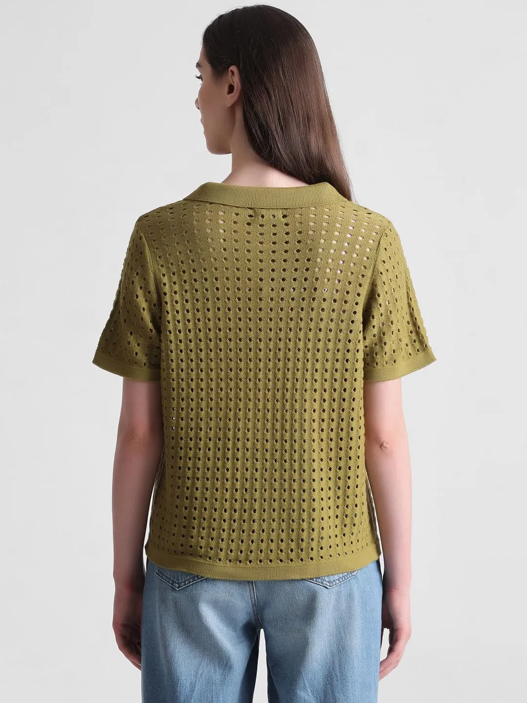 Green Pointelle Knit Pullover