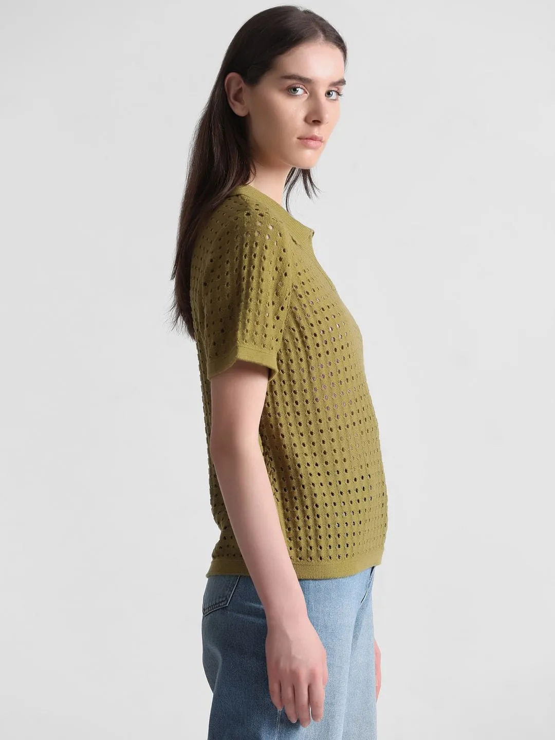 Green Pointelle Knit Pullover