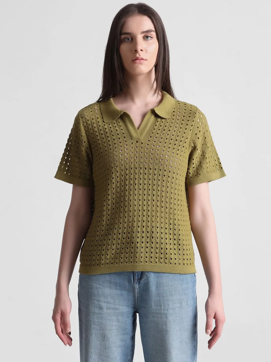 Green Pointelle Knit Pullover