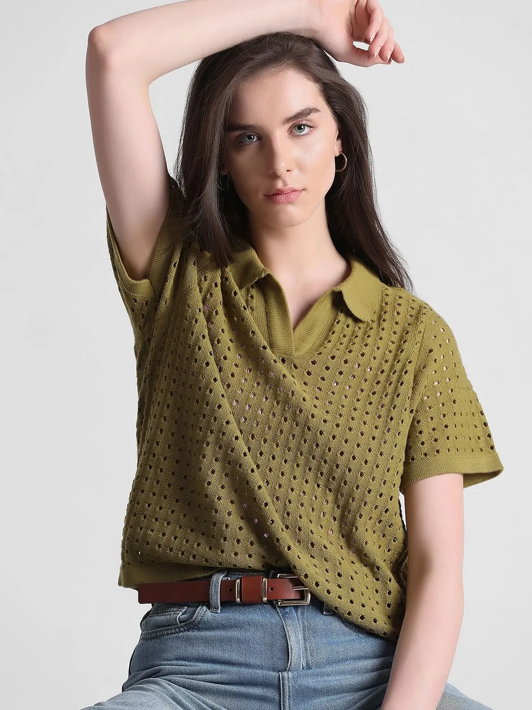 Green Pointelle Knit Pullover