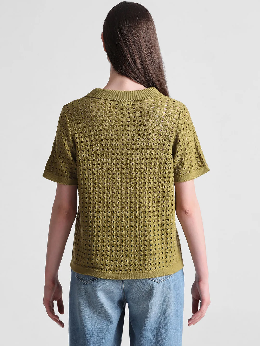 Green Pointelle Knit Pullover