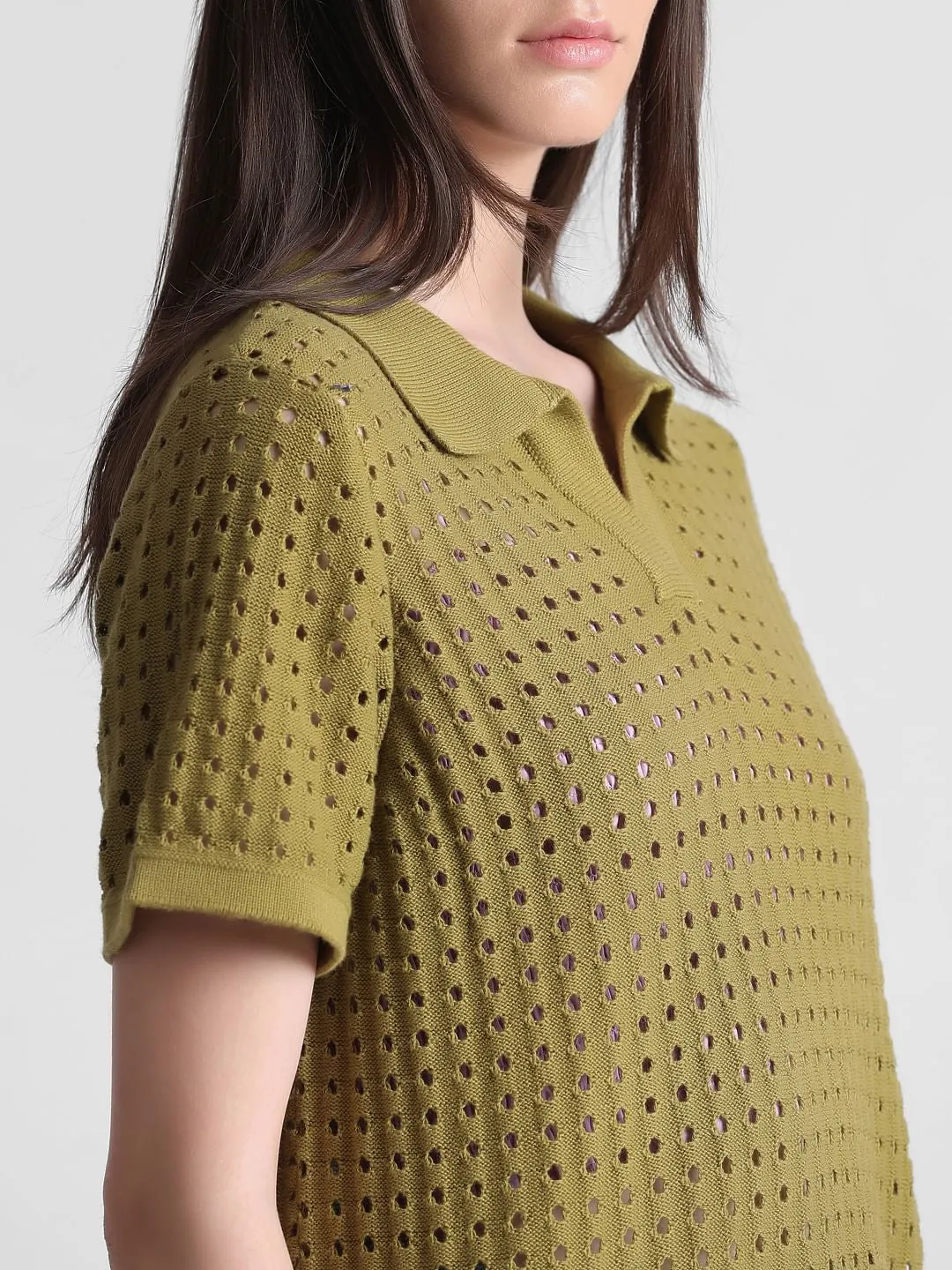 Green Pointelle Knit Pullover