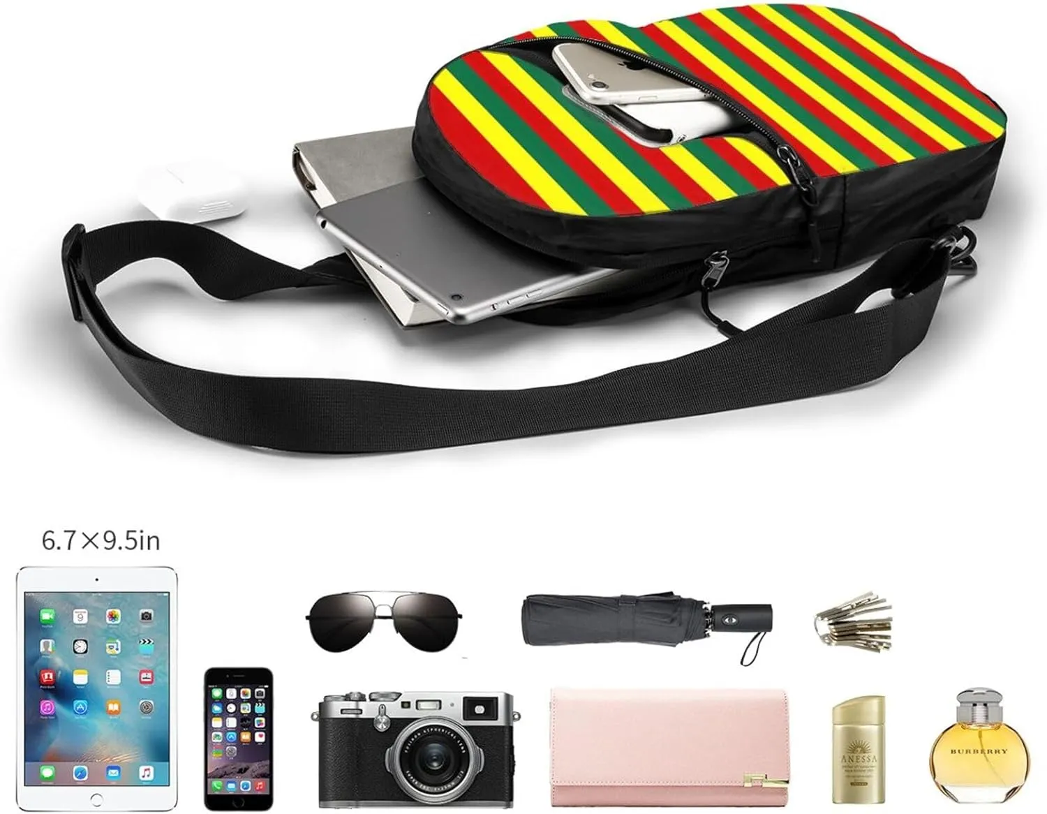 Grenada Flag Stripes Packable Crossbody Bag Portable Sling Bags Foldable Travel Daypack Reusable Sports Shoulder Backpack Diagonally Chest Bag for Workout