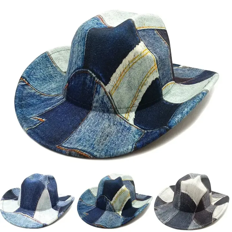 Grey Denim Patchwork Fedora Hat