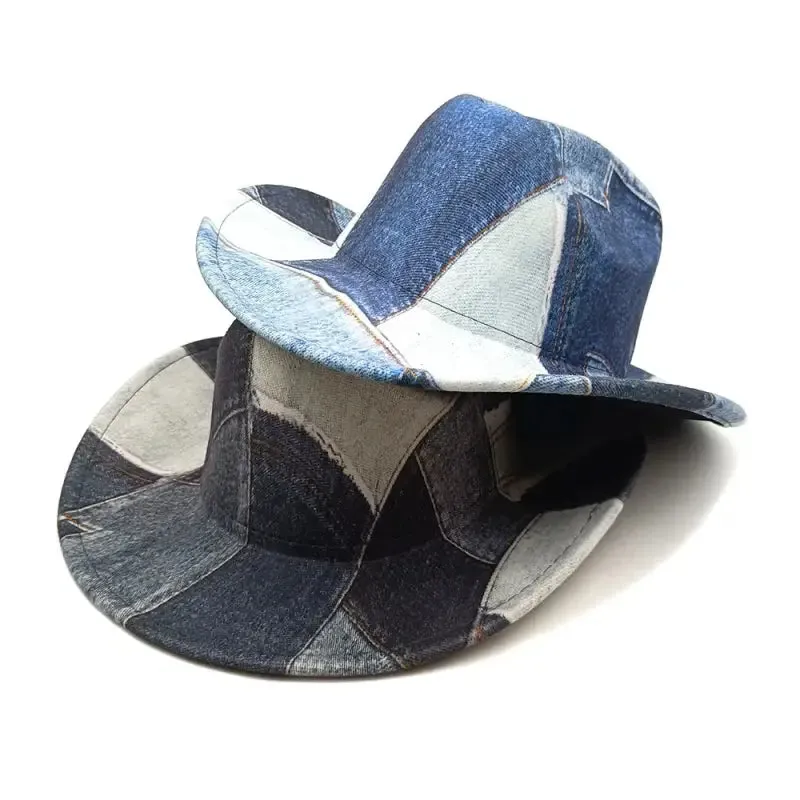 Grey Denim Patchwork Fedora Hat