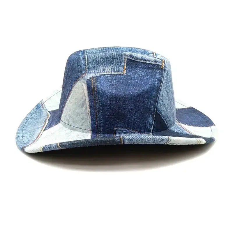 Grey Denim Patchwork Fedora Hat