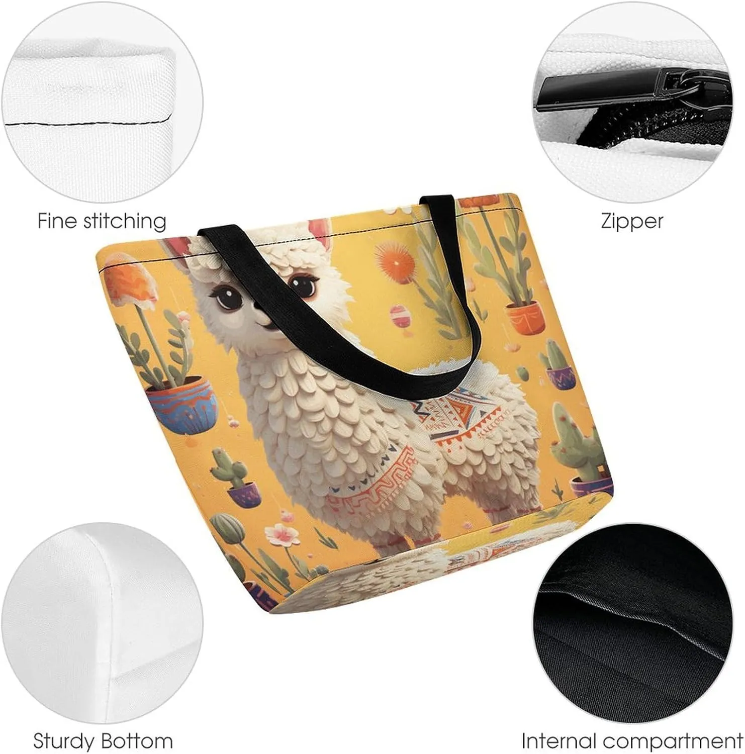 Grocery Bag Reusable Tote Bag Foldable Cartoon Alpaca Shopping Bag Handbag Washable Shoulder Bag for Travel
