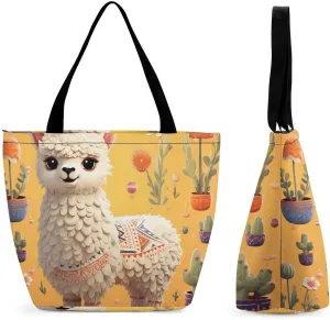 Grocery Bag Reusable Tote Bag Foldable Cartoon Alpaca Shopping Bag Handbag Washable Shoulder Bag for Travel