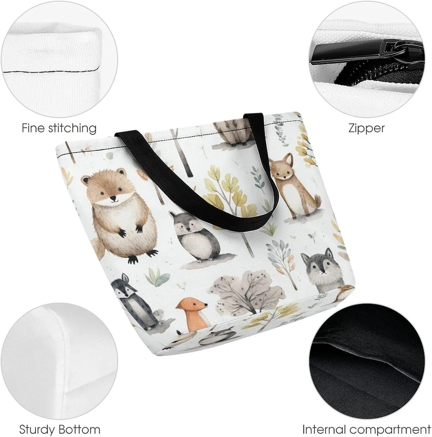 Grocery Bag Reusable Tote Bag Foldable Forest Creatures Shopping Bag Handbag Washable Shoulder Bag for Travel