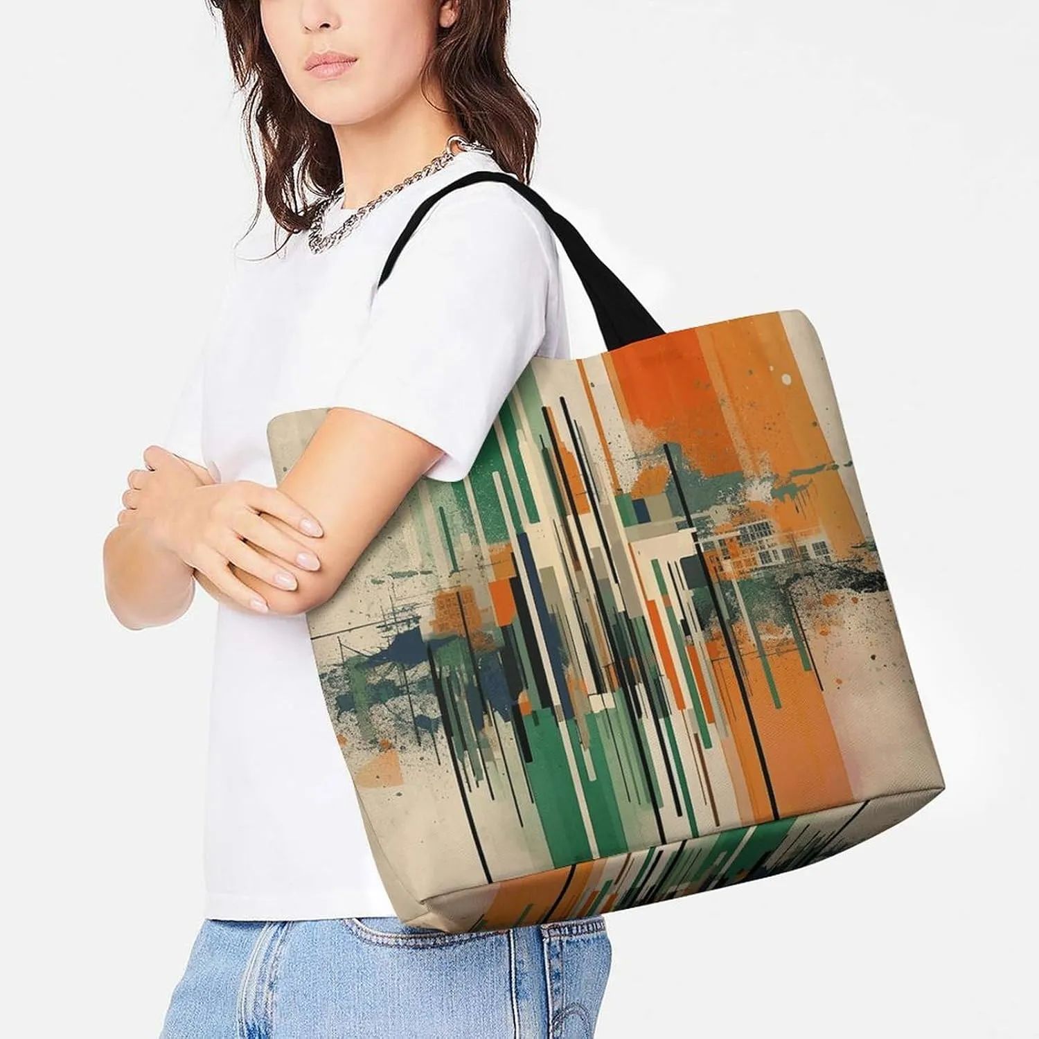 Grocery Bag Reusable Tote Bag Foldable Green Decorative Pattern Shopping Bag Handbag Washable Shoulder Bag for Travel