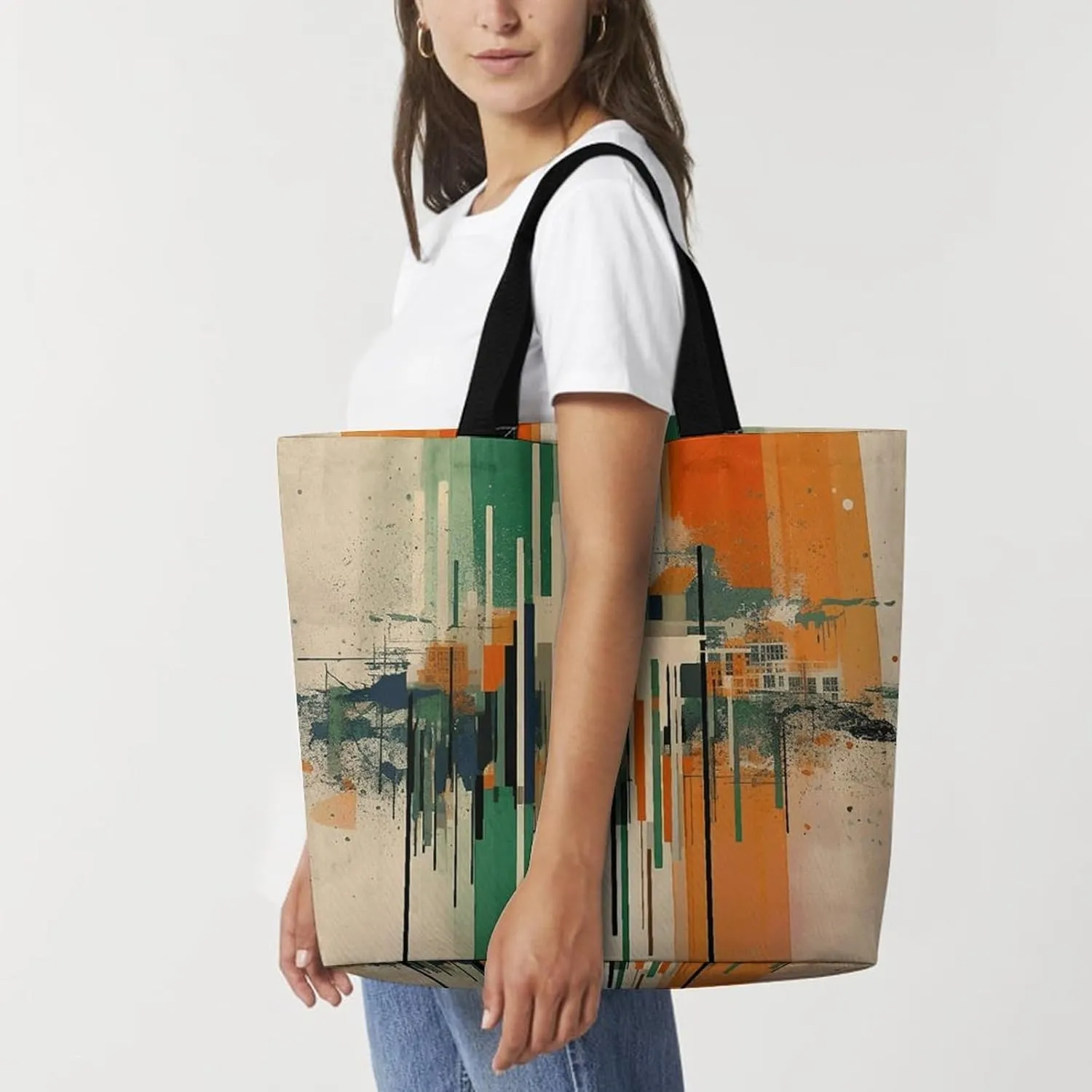Grocery Bag Reusable Tote Bag Foldable Green Decorative Pattern Shopping Bag Handbag Washable Shoulder Bag for Travel