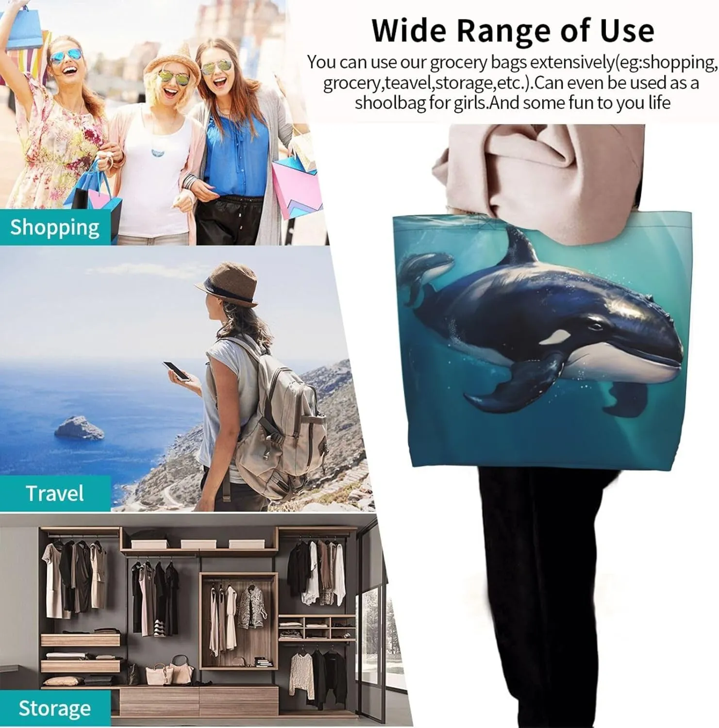 Grocery Bag Reusable Tote Bag Foldable Winter Farmhouse Shopping Bag Handbag Washable Shoulder Bag for Travel