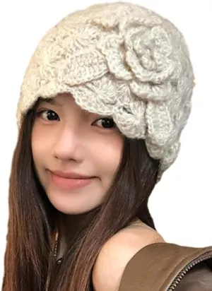 Hand Crocheted Knitted Bucket Hats for Women Winter Beanie Hat Soft Crochet Skullies Beanies with Flower Accent