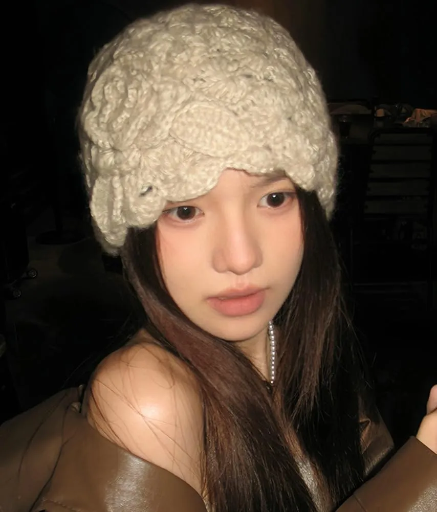 Hand Crocheted Knitted Bucket Hats for Women Winter Beanie Hat Soft Crochet Skullies Beanies with Flower Accent