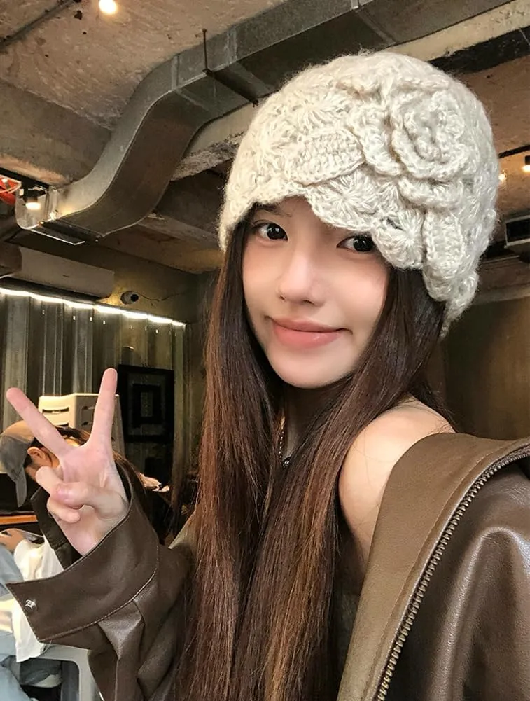 Hand Crocheted Knitted Bucket Hats for Women Winter Beanie Hat Soft Crochet Skullies Beanies with Flower Accent